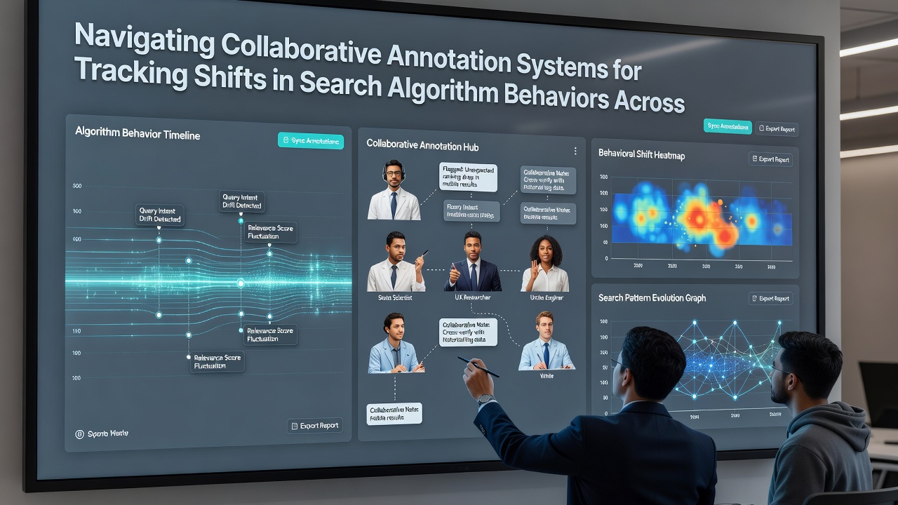 Multi-site dashboard displaying annotated search performance data and algorithm shift indicators